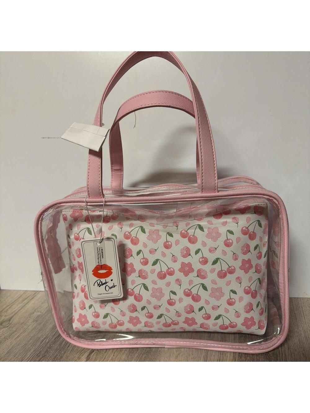 NEW Brush&Crush Cherry Print Clear Makeup Bag with Handle with matching pouch